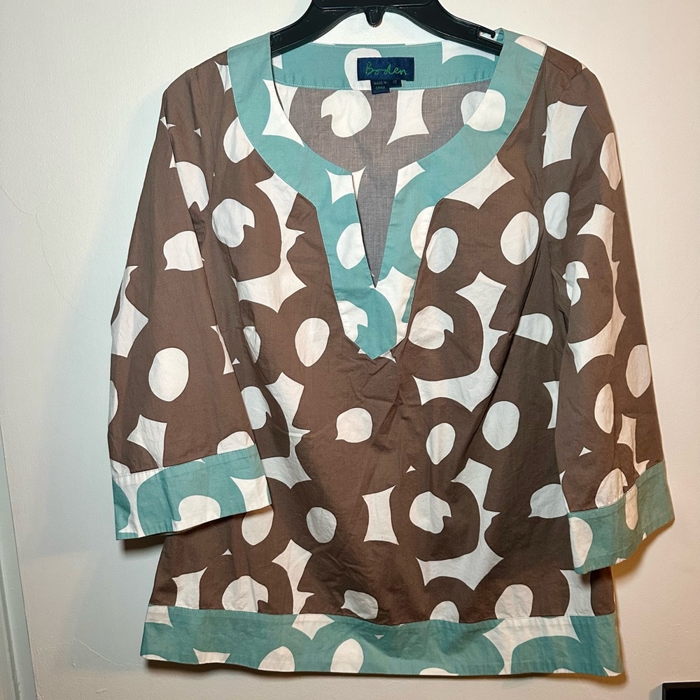 Boden blue, brown and cream patterned top Size 12
